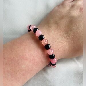 Handmade Pink Afghan Jade & Polished Black Glass Bracelet
